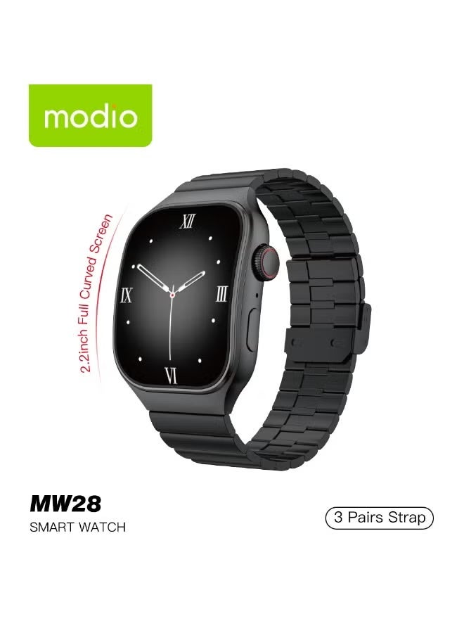 modio MW28 Smartwatch 2.2 Inch Curved IPS Display with 3 Interchangeable Straps Touch Screen Fitness & Activity Tracker Smart Watch for Ladies and Gents Black - Image 1
